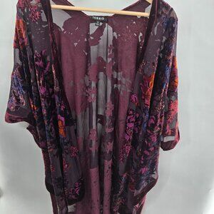 Torrid Burgundy Burnout Velvet Floral Kimono Ruana Sleeveless Cardigan Size 3x